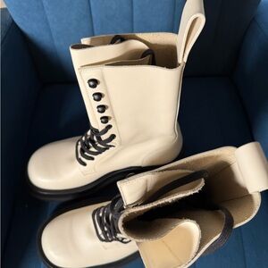 Cream Lace-Up Combat Boots with Black Soles